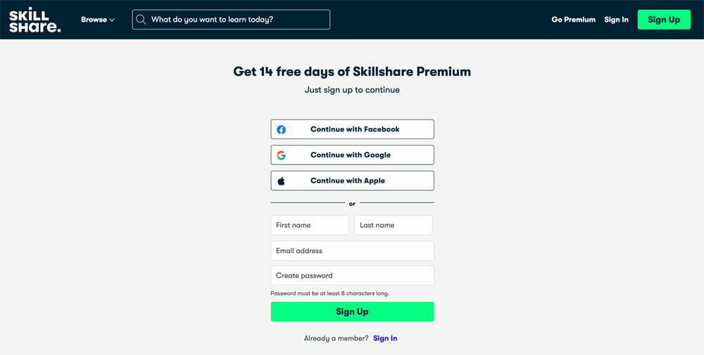 Skillshare signin screen